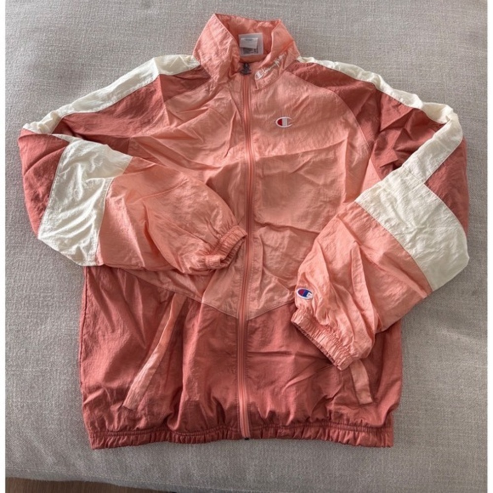 Vintage-Champion Colorblock Track Jacket Windbreaker Coral White Women's Small